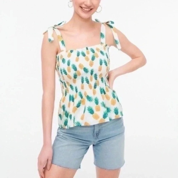 NWT J Crew Factory XL Smocked Tie Shoulder Pineapple Tropical Beach White Blouse - Picture 2 of 7